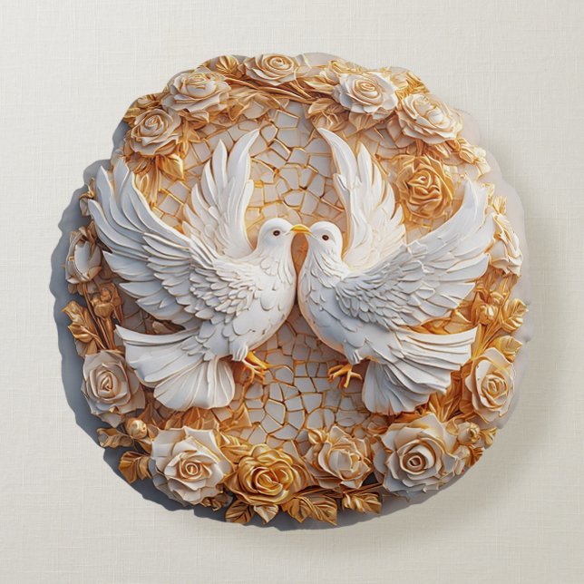 Två vita Doves Amidst per Blommönster Rund Kudde (Framsidan)