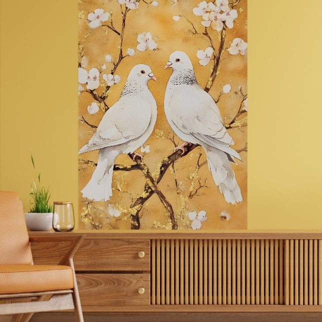 två vita duvor som satt på en gren poster (Vardagsrum 2)
