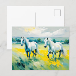 Två vita hästar som går genom Gula blommor Vykort