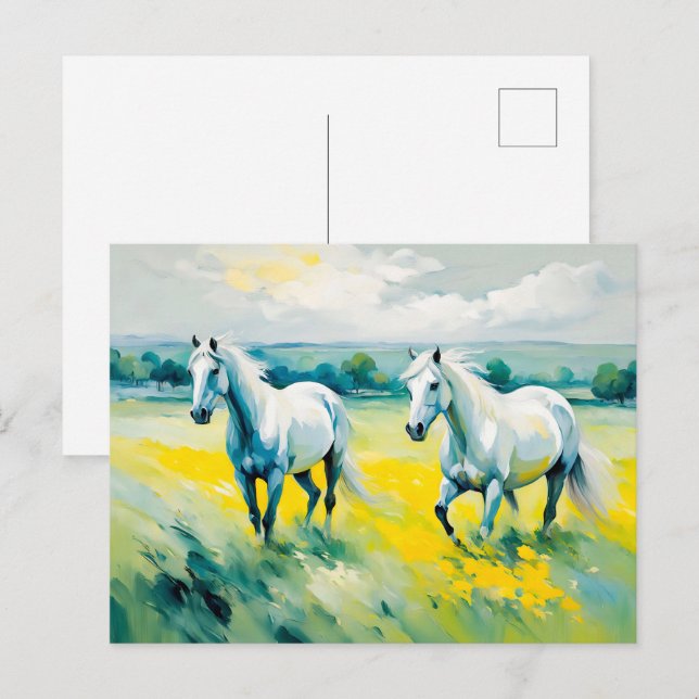 Två vita hästar som går genom Gula blommor Vykort (Fram/baksida)