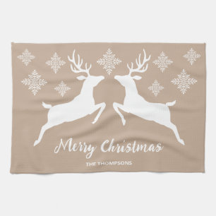 Två vita Hjortar på Beige med Snöflingor & text Kökshandduk
