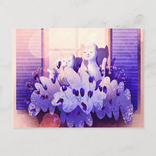 Två vita katter sitta i fönstret vid solnedgången vykort (Framsida)