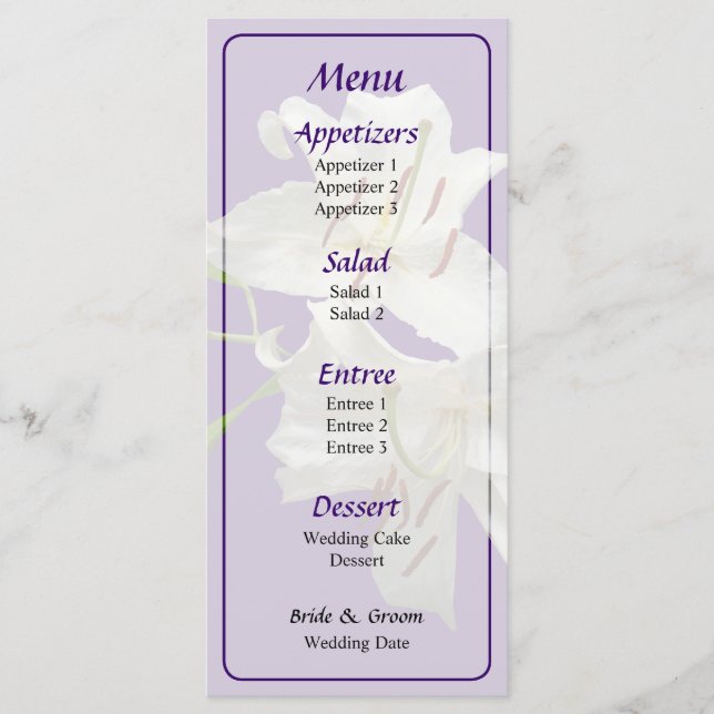 Två vita Lilies Bröllop Menu Meny (Framsida)