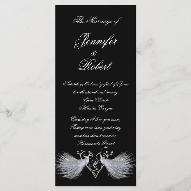 Två vita peacockor- och hjärtmonogramprogram program (Framsida)