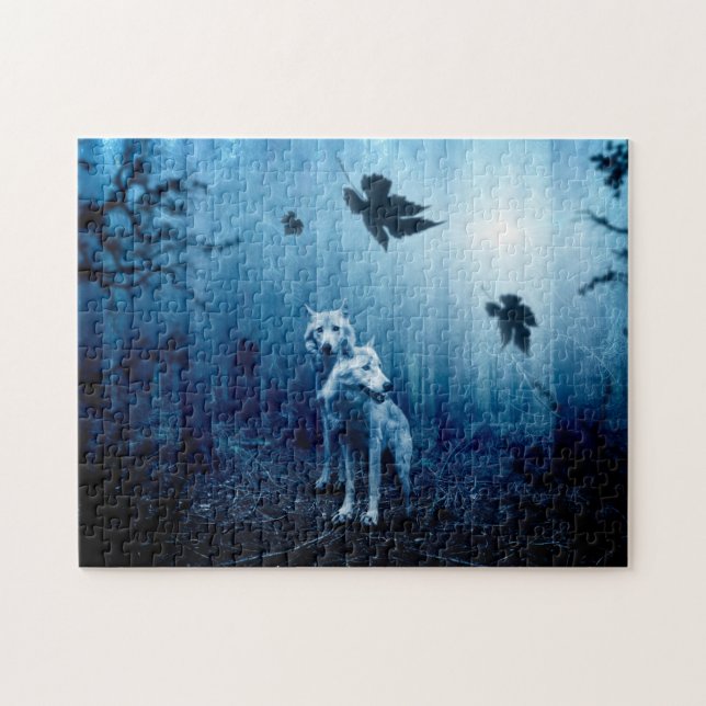 Två vita varger i vilden skog pussel (Horisontell)