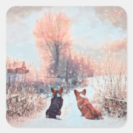 Två walesiska Corgis First Snö Fyrkantigt Klistermärke