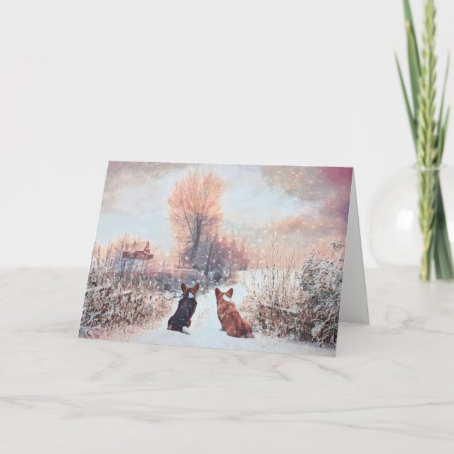 Två walesiska Corgis i Snö Helgkort (Framsida)