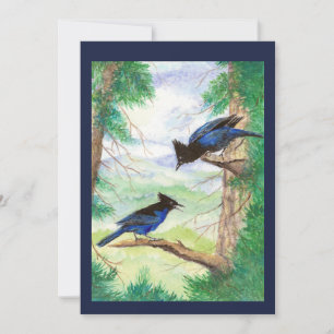 Två Watercolor Stellar Jay Birds Forest Träd Kort