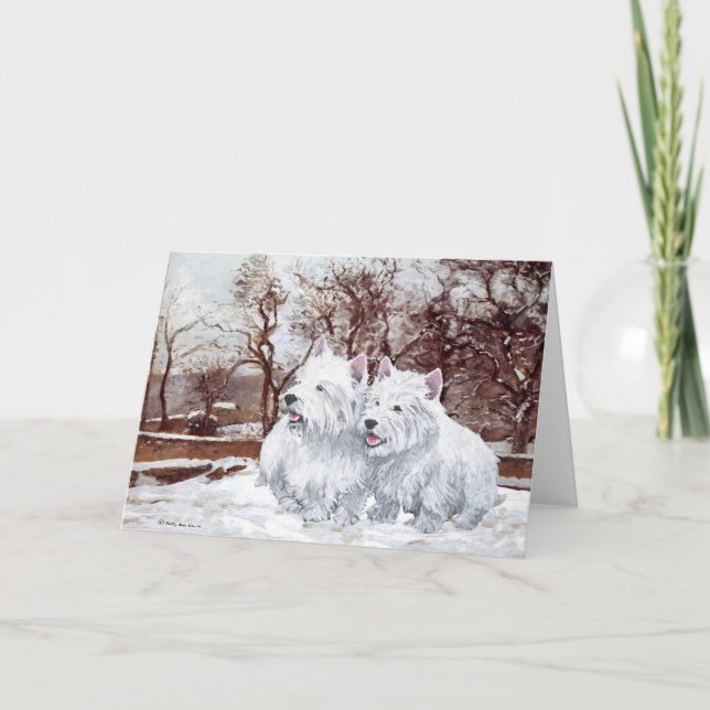 Två Westies i Wintertime Helgkort (Framsida)