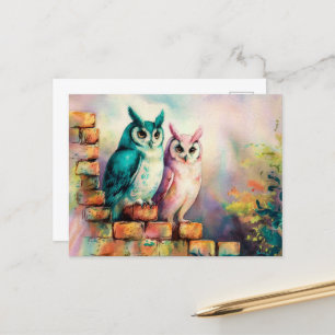 Två Wise Uggla Watercolor AI Art Vykort