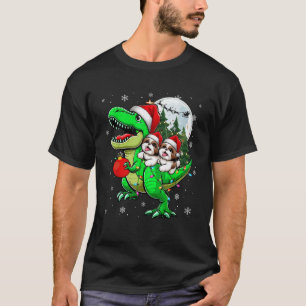 Två Xmas Shih Tzus Ridande T Rex Ren Älskande Kid Shirt