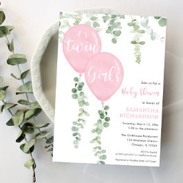 Tvåflickors eucalyptus rosa-ballonger inbjudningar