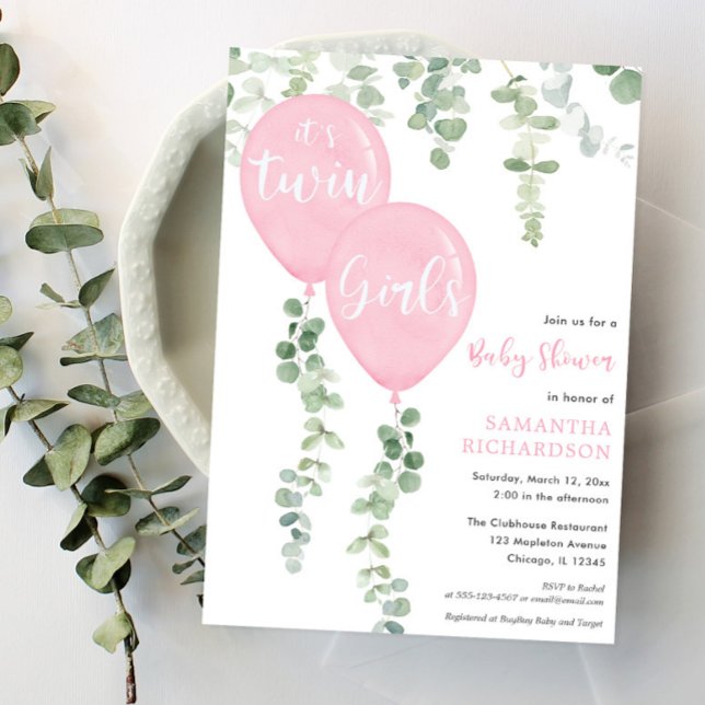 Tvåflickors eucalyptus rosa-ballonger inbjudningar (Skapare uppladdad)