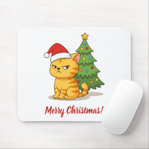 Tvär orange randig katt röd julhatt julgran musmatta
