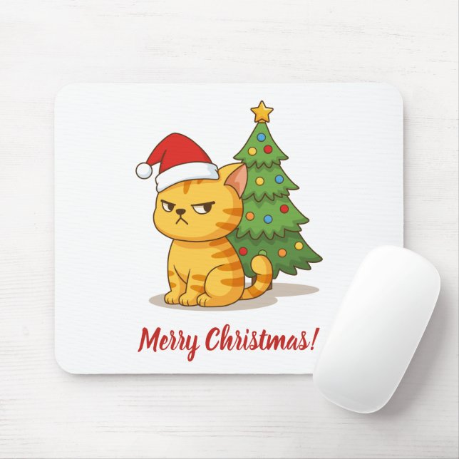 Tvär orange randig katt röd julhatt julgran musmatta (Med mus)