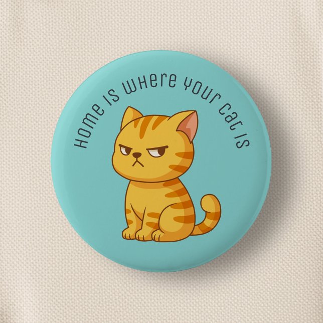 Tvär Orange Tabby Katt Anpassad Text Grön Knapp (Skapare uppladdad)