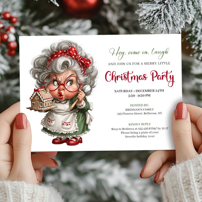 Tvärsur Komisk Mormor Glad Julfest Inbjudan (Grumpy Comic Grandma Cheerful Xmas Party Invite)