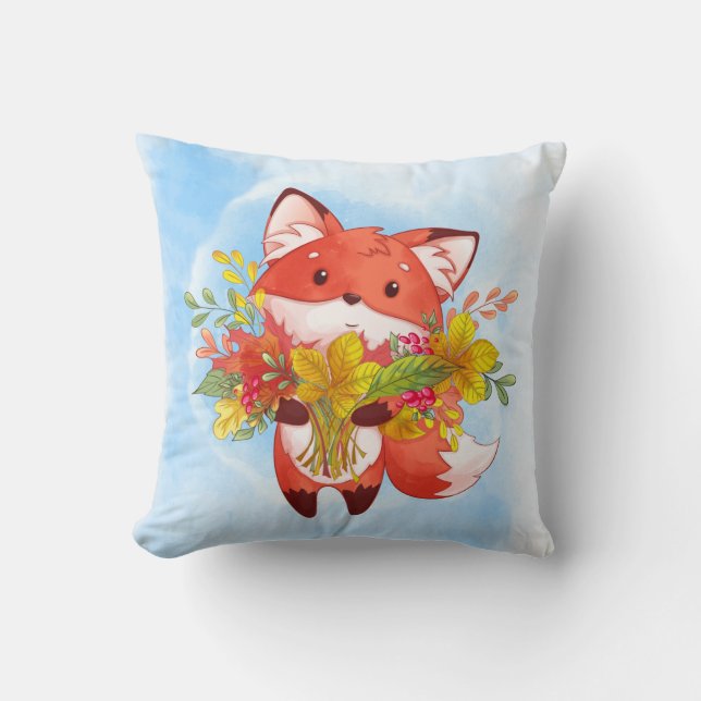 Tvåsidig cute Red Fox med Höst löv, paraply Kudde (Framsida)