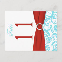 Tvåsidigt Aqua, Red, White Damask-Bordsnummer Vykort