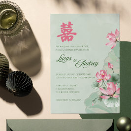 Tvåspråkig bröllopsinbjudan Grön Rosa Lotus Inbjudningar