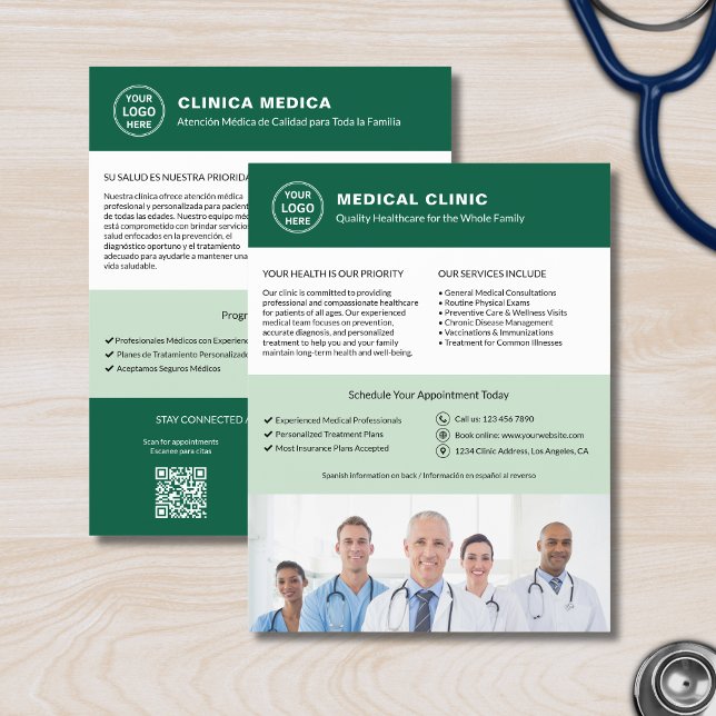 Tvåspråkig medicinsk klinik | Engelsk Spanska Grön Reklamblad (Bilingual Medical Clinic  English Spanish Green Flyer)