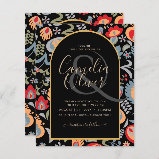 tvåspråkig populär blommig bröllopsinbjudan (Fram/baksida)