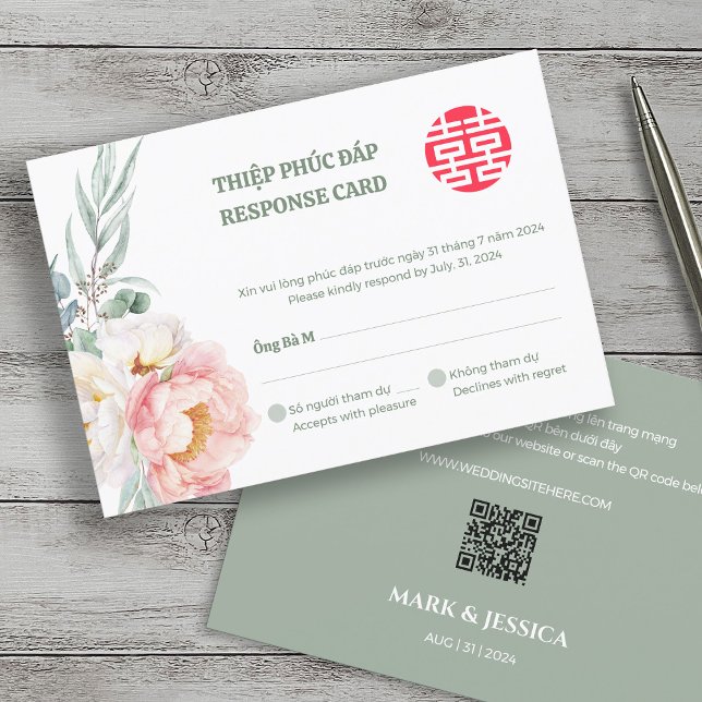 Tvåspråkig vietnamesisk Peony Song Hy bröllop RSVP (Skapare uppladdad)