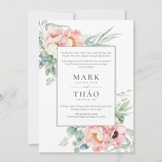 Tvåspråkig vietnamesisk Rosa Vit Blomma Bröllop Inbjudningar (Framsida)