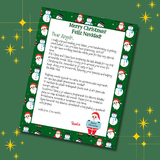 Tvåspråkigt grönt jultomtebrev för barn Spanska (Green bilingual letter from Santa Christmas, personalized name & Spanish Text. Multilingual Project)
