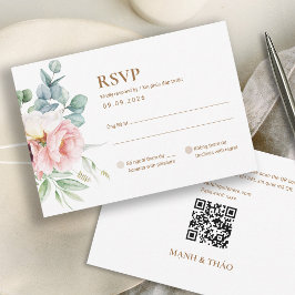 Tvåspråkigt vietnamesiskt pion RSVP-kort med QR-ko OSA Kort