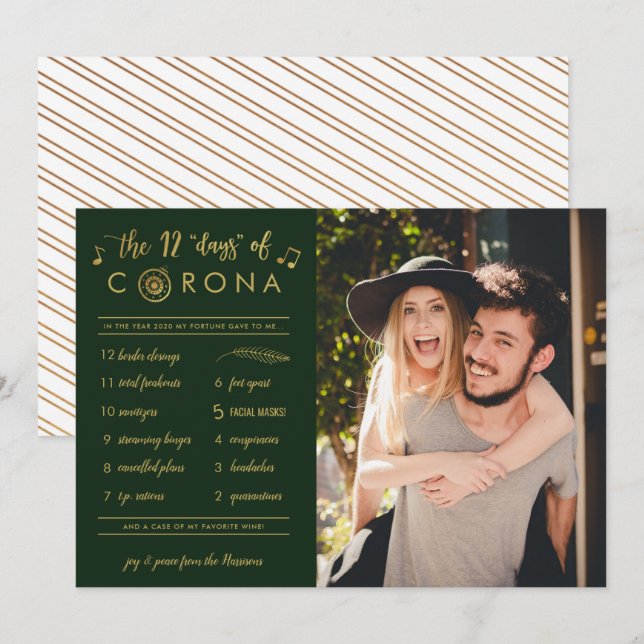 Tvåtolv dagar med Corona Photo Guld Grönt Julkort (Fram/baksida)