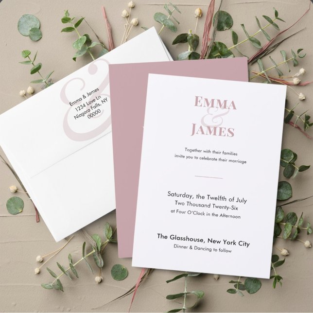 Tvåtons lila minimalistisk bröllopsinbjudan | QR Inbjudningar (Two‑tone mauve wedding invitation with refined minimalist type for a soft, modern look.)