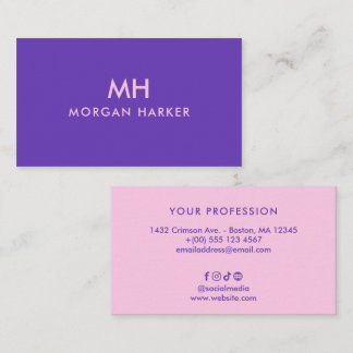 Tvåtons lila rosa minimal ren monogram visitkort