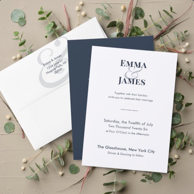 Tvåtons Navy Bröllopsinbjudan | QR-kod Inbjudningar (Modern two-tone navy invitation featuring clean typography and elegant minimalist styling.)