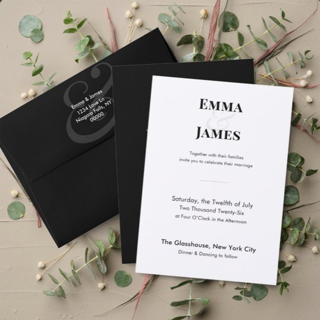 Tvåtons svart et-tecken bröllopsinbjudan | QR Inbjudningar (Classic black and white wedding invitation with crisp modern typography and a clean, elegant look.)