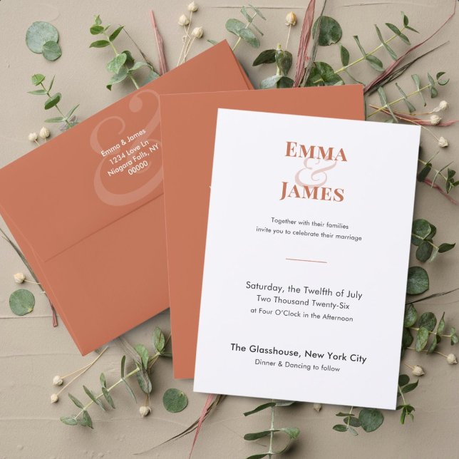 Tvåtons terrakotta bröllopsinbjudan | QR-kod Inbjudningar (Terracotta wedding invitation with modern minimalist typography and warm, elegant design.)