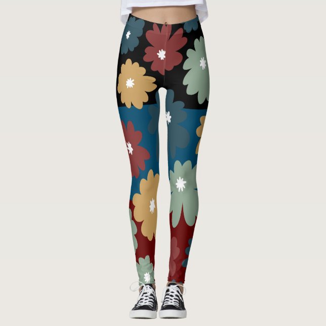 Tvåtonssvart, blå och brugnig blommigt leggings (Framsida)