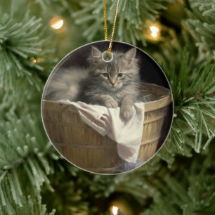 Tvätt eller Grått Kitten Porträtt Julgransprydnad Keramik