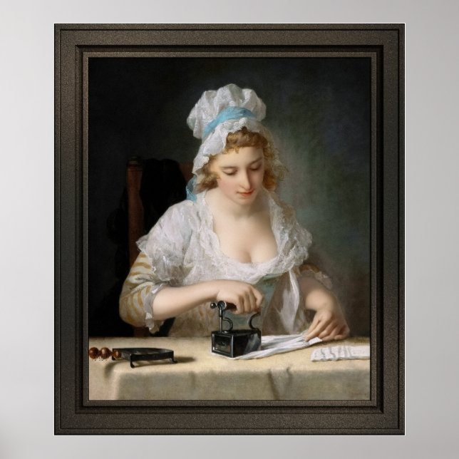 Tvätt Maid Ironing av Henry Robert Morland Poster (Framsidan)