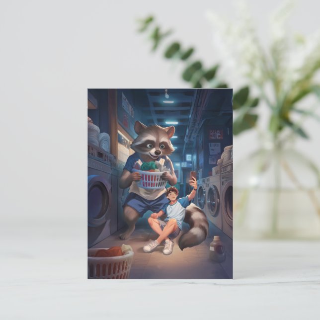 Tvätt Time - Selfie med en giant Raccoon Vykort (Stående Fram)