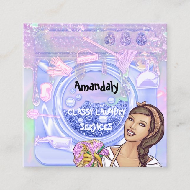 Tvätt Tvättar Städning QR-kodholograf för QR-tjäns Fyrkantigt Visitkort (Framsida)