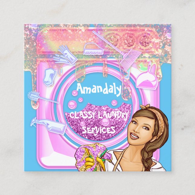 Tvätt Tvättar Städning tjänster QRCode Blue Rosa Fyrkantigt Visitkort (Framsida)