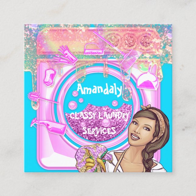 Tvätt Tvättar Städning tjänster QRCode-Logotyp Fyrkantigt Visitkort (Framsida)