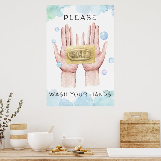 Tvätta dina händer | Akvarellillustration Poster (Kök)