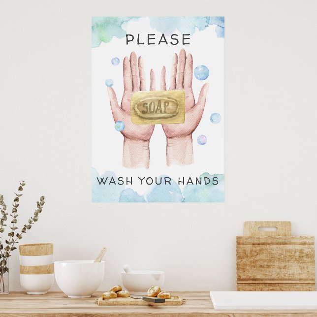 Tvätta dina händer | Akvarellillustration Poster (Kök)