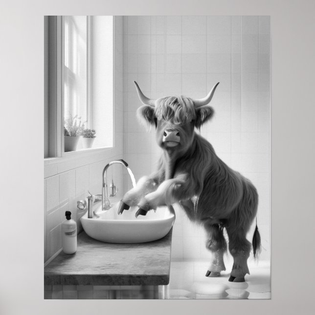 Tvätta Händer Hand Tvätta Highland Cow Bathroom Poster (Framsidan)