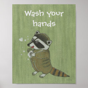 "Tvätta händer" Raccoon Animal Poster
