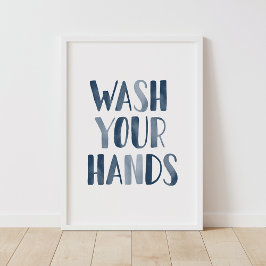 Tvätta Poster Händer Navy Blue Kids Bathroom