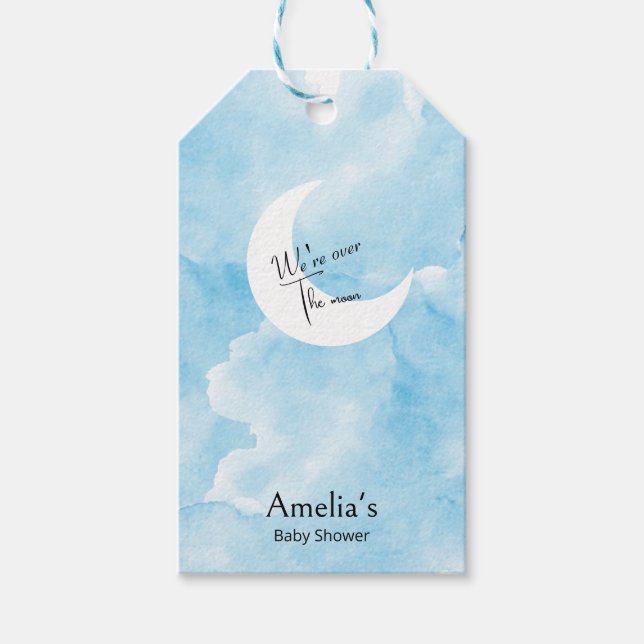 Tvätta vattenfärg över Märkrn Måne Baby Shower Gif Presentetikett (Framsidan)