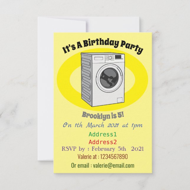 Tvättar illustration av tecknaden maskin inbjudningar (Framsida)